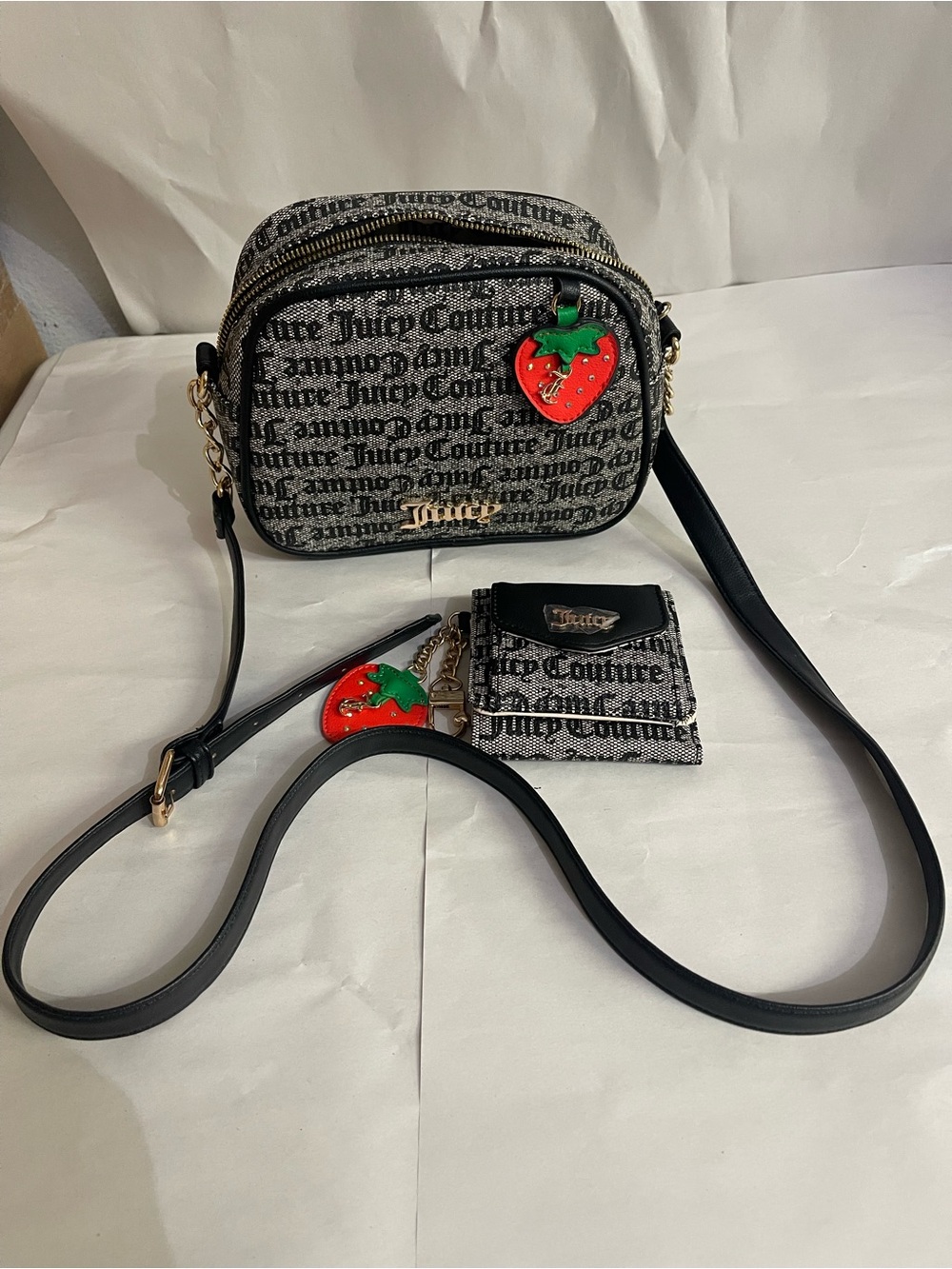 Juicy Couture Black & Gray Logo Crossbody with Red Strawberry Charm